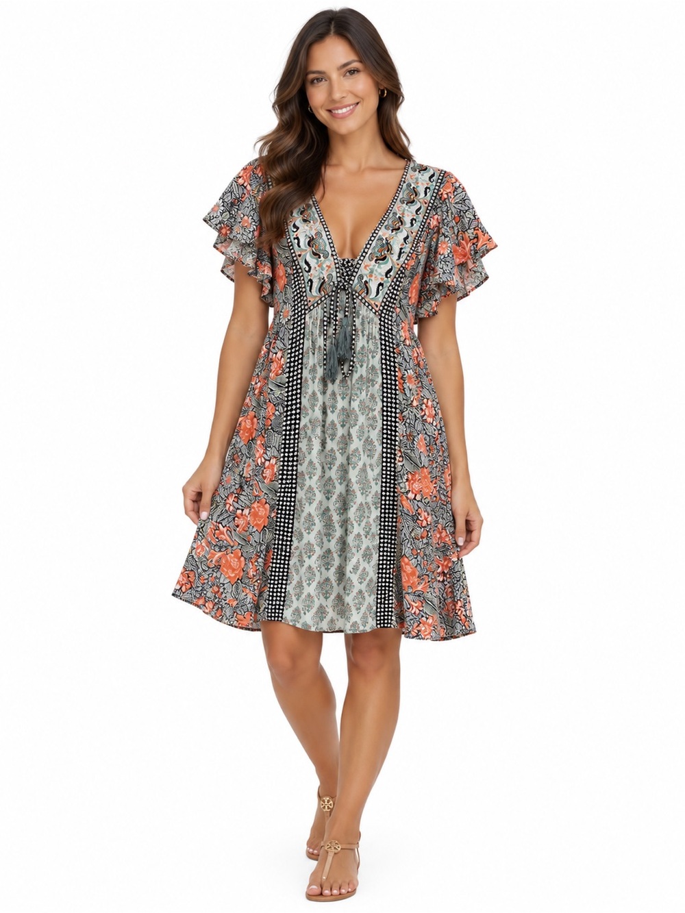 Anthropologie Women Coral and Mint Aztec Mixed-Print V-Neck Midi Dress Size M